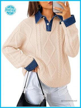 Womens Cable Knit Sweater Denim Polo Pullover Button Up Collared V Neck